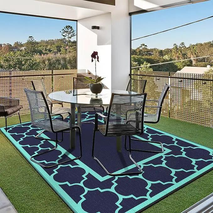 GENIMO 6' x 9' Outdoor Rug Waterproof for Patio Decor, Foldable Reversible Plastic Straw Area Rugs Mat for Camper, Outside Carpet for Rv, Deck, Porch, Picnic, Beach, Balcony, Navy Blue & Jade Green by GreenHaven Gardens