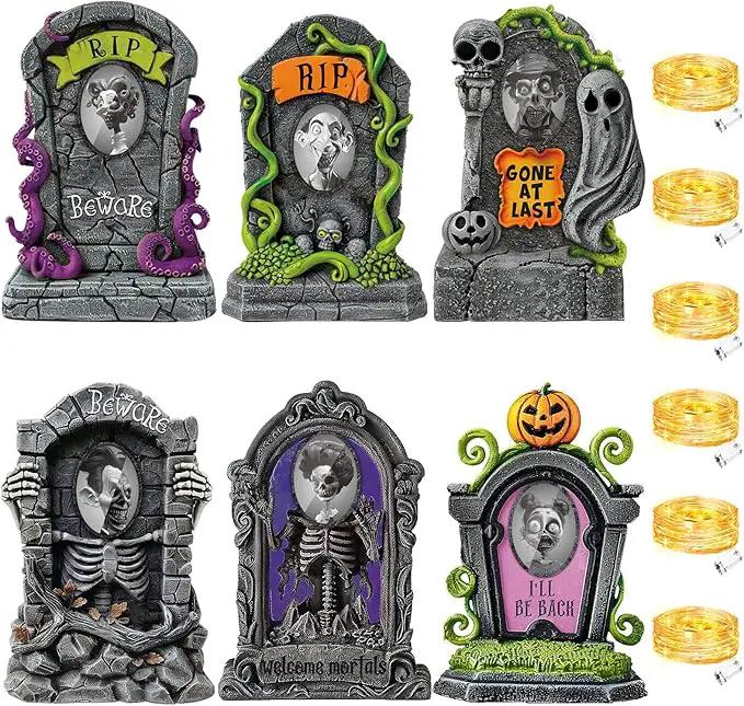 Hiboom 6 Set Large Halloween 3D Changing Face Rip Graveyard Tombstones and 23.6x15.7 Inch Halloween Skeleton Headstone 6 Pcs LED String Lights Halloween Decoration for Yard Garden Lawn by GreenHaven Gardens