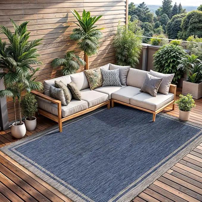 CAMILSON Outdoor Rug, 9x12 Bordered Navy Blue Gray Modern Large Area Rugs for Indoor and Outdoor Patios, Porches Waterproof Washable Porch Deck Outside Carpet (Bordered Navy, 9 x 12) by GreenHaven Gardens