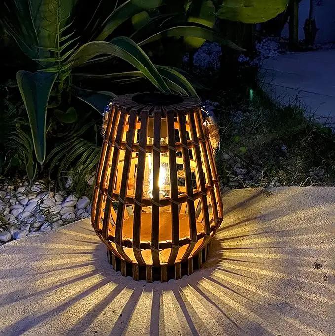 Hanging Solar Lantern Rattan Outdoor Lanterns for Patio Waterproof with Handle Large Bright Natural Bamboo Solar Table Lamp LED Lights Edison Bulb Design Decor for Wedding Yard Garden Farmhouse by GreenHaven Gardens