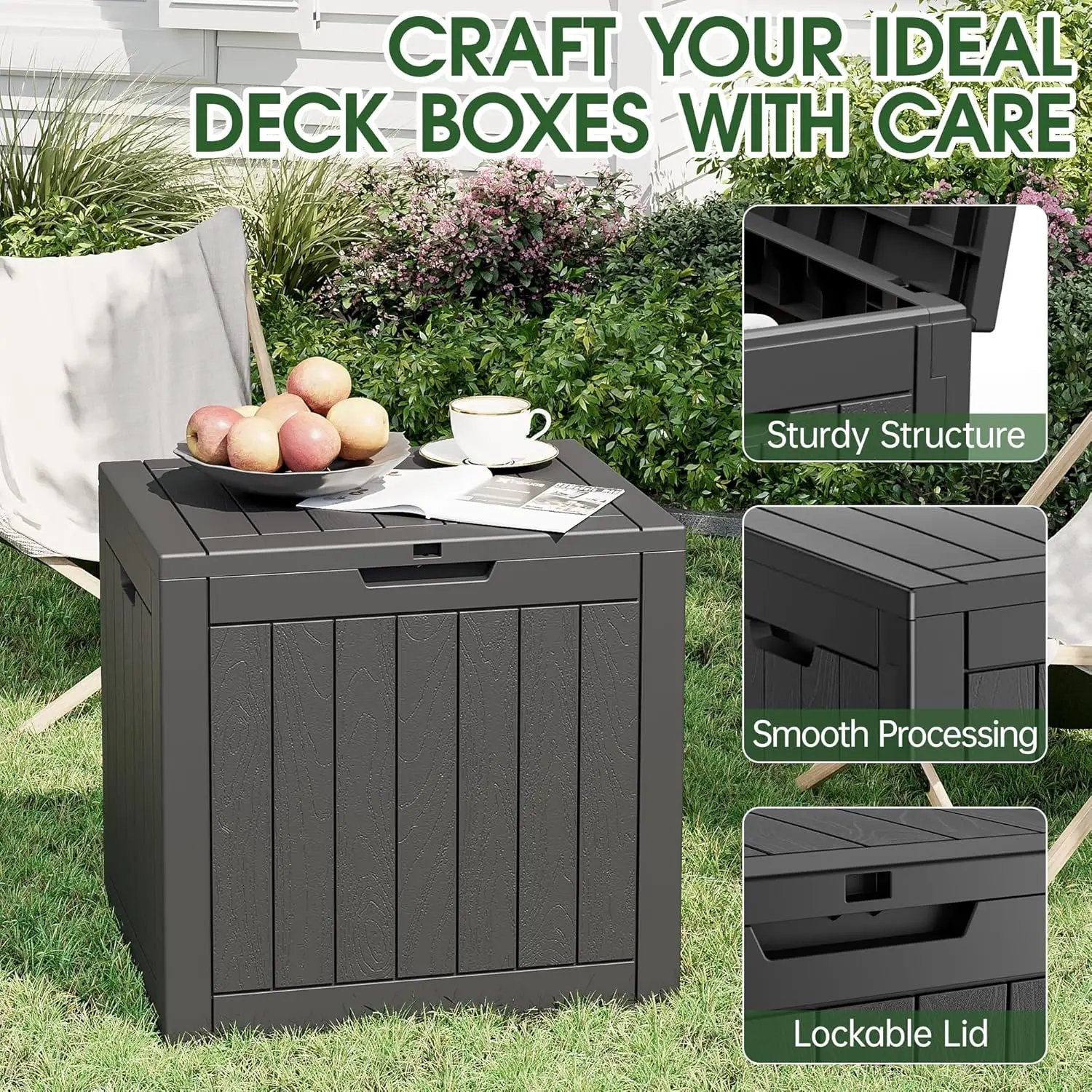 KAMABOKO Deck Box, 35 Gallon Resin Indoor and Outdoor Storage Boxes Waterproof for Garden Tools, Pool Accessories Storage Bench, Patio Furniture and Cushions with Lockable Lid, Black by GreenHaven Gardens