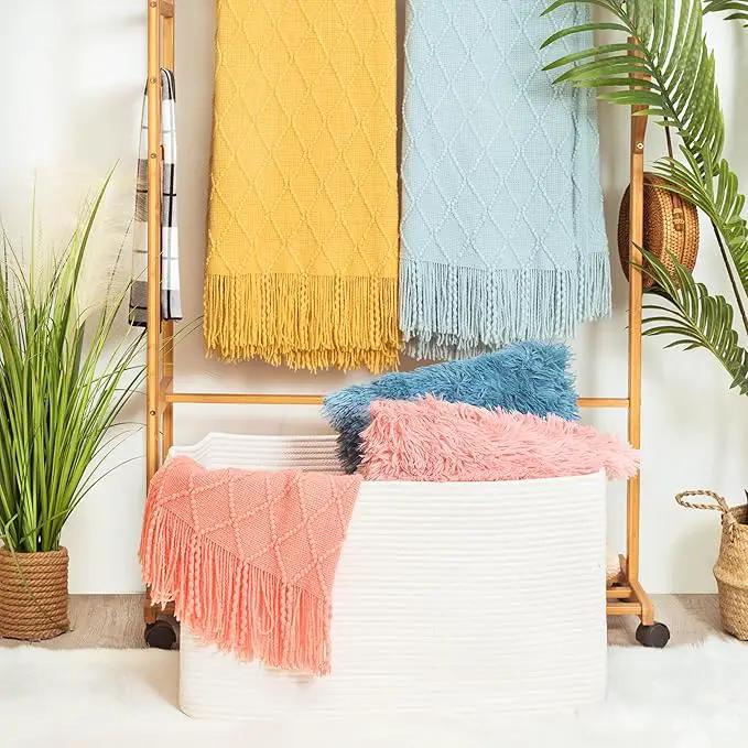 MINTWOOD Design 22in Extra Large Blanket Basket Holder Living Room, Rectangle Rope Woven Storage Basket with Handles for Laundry, Pool Towels, and Shoes, Dog Toy Organizer Bin Box, Creamy White by GreenHaven Gardens