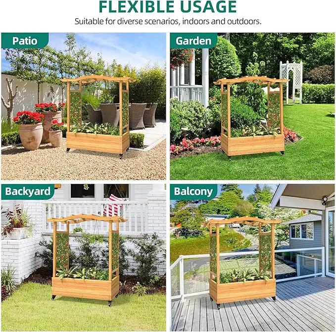 YITAHOME Raised Garden Bed with Trellis and Lockable Wheels, Wood Free-Standing Trellis Planter Box with Hanging Roof for Climbing Plants Flowers in Garden, Patio, Backyard, Balcony, Natural by GreenHaven Gardens