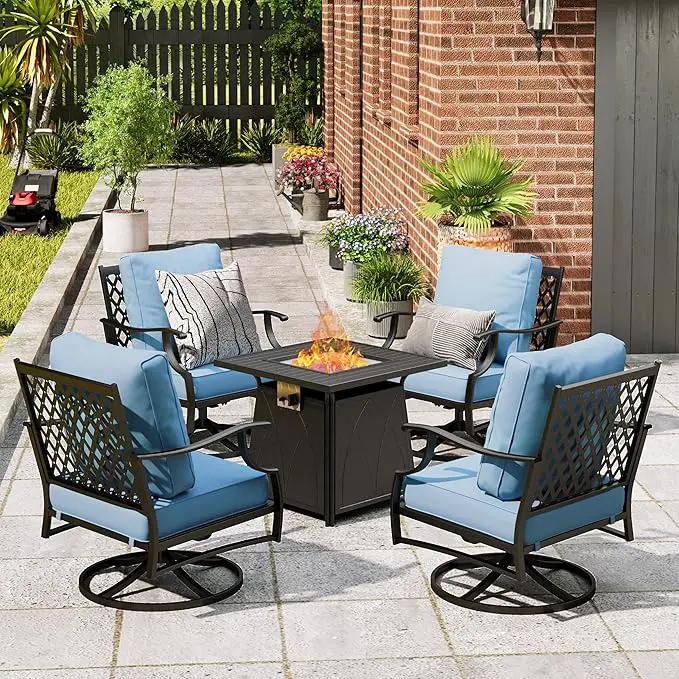 Patio Furniture Set with Fire Pit Table, 5 Pcs Metal Outdoor Conversation Set, 4 Swivel Chairs with 5.75" Extra Thick Cushion and 28" Fire Pit Table for Backyard Deck, Blue by GreenHaven Gardens