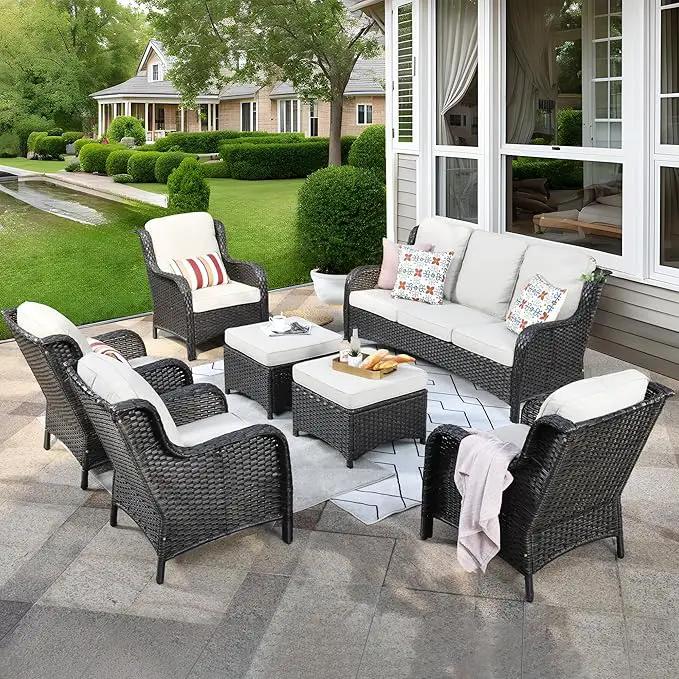 ovios 7 Pieces Patio Furniture Set, Outdoor Wicker Sofas with 4 Chairs, Ottomans and Comfy Cushions, All Weather High Back Couch Set for Deck Porch, Brown Rattan, Beige by GreenHaven Gardens