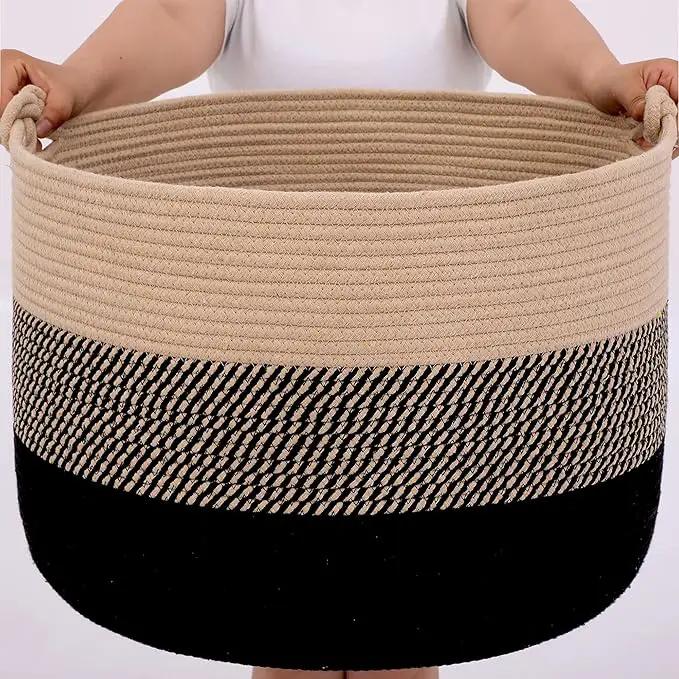 KAKAMAY Large Blanket Basket (20"x13"),Woven Rope Baskets for storage Baby Laundry Hamper, Cotton Rope Blanket Basket for Living Room, Laundry, Nursery, Pillows,Baby Toy chest (Jute/Black) by GreenHaven Gardens