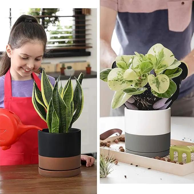 D'vine Dev Set of 2 Plants Pots, 6 Inch Ceramic Planter Pot for Plants with Drainage Hole and Saucer, White-Grey/Black-Tan, 94-V-C-C by GreenHaven Gardens