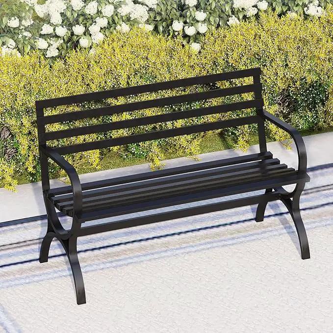 PHI VILLA Outdoor Garden Bench, 48” Long Metal Steel Bench with Backrest and Armrests, Modern Slatted Design for Patio, Lawn, Yard, Porch - Black by GreenHaven Gardens