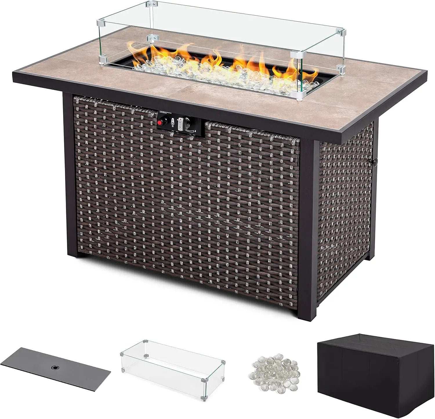 Nuu Garden 43" Propane Fire Pit Table, CSA Certified 50,000 BTU Outdoor Patio Propane Fire Pit Table with Fire Pit Wind Guard, Removable Lid, Ceramic Tabletop, Water-Proof Oxford Cover, Dark Brown by GreenHaven Gardens