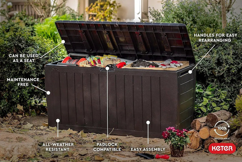 Keter Marvel Plus 71 Gallon Resin Outdoor Storage Box for Patio Furniture Cushions, Throw Pillows, Garden Tools and Pool Floats, Brown by GreenHaven Gardens