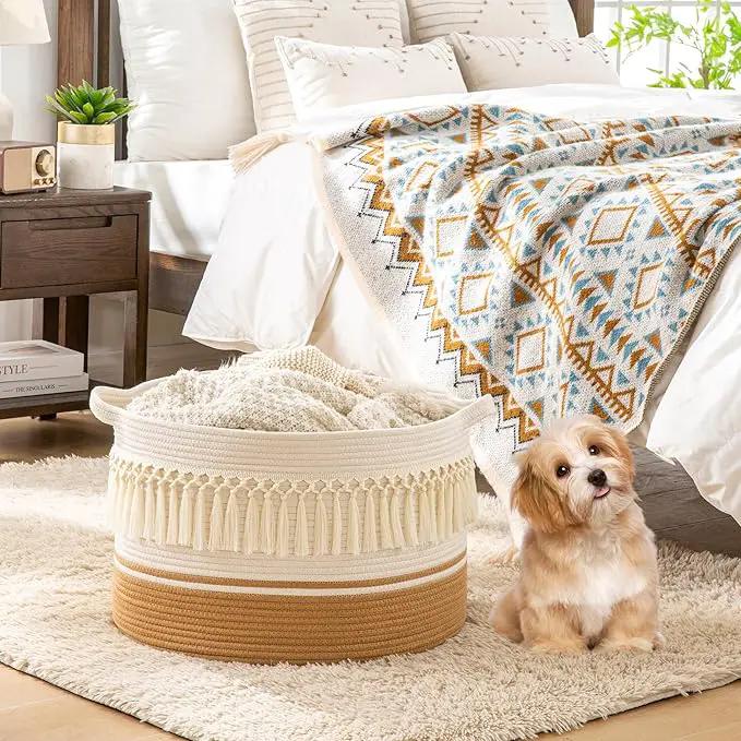 KAKAMAY Large Blanket Basket (20"x13"),Woven Baskets for storage Baby Laundry Hamper, Cotton Rope Blanket Basket for Living Room, Laundry, Nursery, Pillows, Baby Toy chest (White Fringe) by GreenHaven Gardens