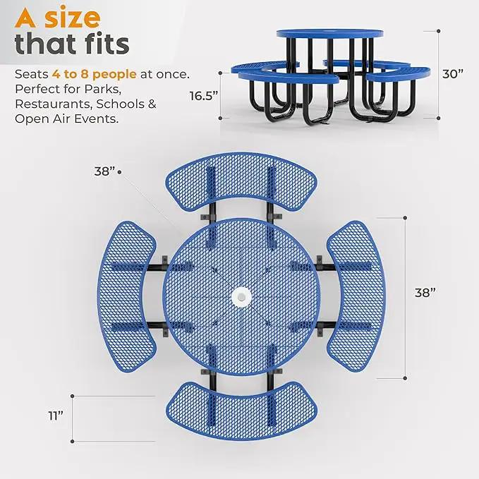 Metal Picnic Tables for Outdoors with Umbrella Hole - Coated Steel Heavy Duty Commercial Grade Table with Adjustable Seats (Blue, 38 in, Round, Expanded Steel) by GreenHaven Gardens