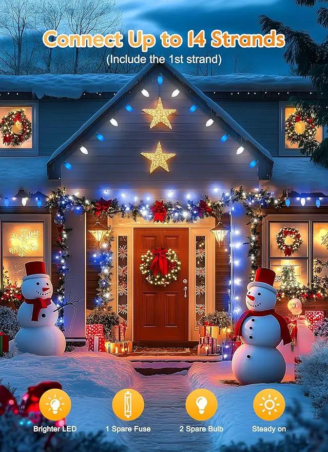 C9 LED Christmas Lights Outdoor, 50 Feet C9 String Lights with 50 Shatterproof Matte Bulbs, Connectable Waterproof Christmas Tree Lights for Holiday Roofline Backyard Garden Decor, Blue & Pure White by GreenHaven Gardens