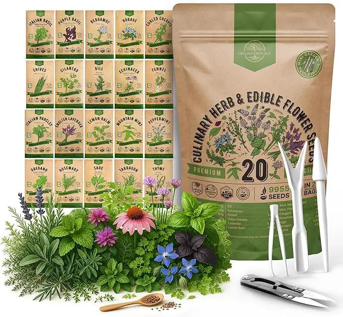 Organo Republic 20 Culinary Herbs & Edible Flower Seeds Variety Pack for Planting Indoor & Outdoor. 9500+ Non-GMO Heirloom Flower Garden Seeds: Basil, Borage, Echinacea, Lavender, Oregano & More by GreenHaven Gardens