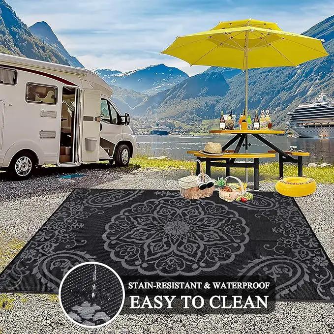 Pauwer Waterproof Outdoor Rug 6x9, Reversible Plastic Straw Patio Camping Rug, Indoor Outdoor RV Mat Carpet for Deck, Camper, Porch, Balcony, Backyard, Picnic, Boho Black Grey by GreenHaven Gardens