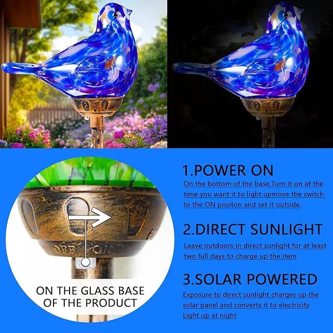 Decorative Solar Lights, Outdoor Solar Bird Stake Lights, Hand Blown Glass Decorative Garden Pathway Lights Outdoor Waterproof Glass Stakes (Dark Blue) by GreenHaven Gardens