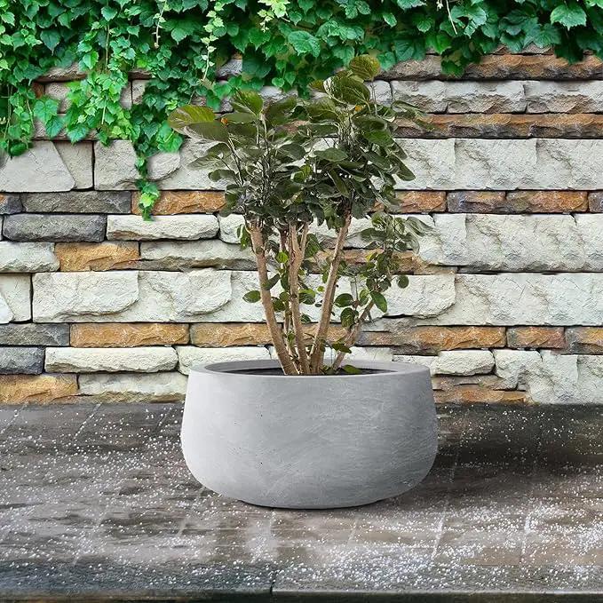 Kante 11.8" Dia Round Concrete Planter, Cement Plant Pots with Drainage Hole and Rubber Plug for Outdoor Indoor Garden Home, Modern Curvaceous Design, Gray by GreenHaven Gardens