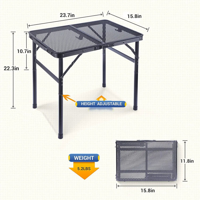 Nice C Table for Grill, Outdoor Table, Camping Table, Outdoor Cooking Table, Picnic Tables, Card Table Adjustable Height, Mesh Bag, Carry Handle (47.3” x 23.7“ x 14.7”/24.2“ Black) by GreenHaven Gardens