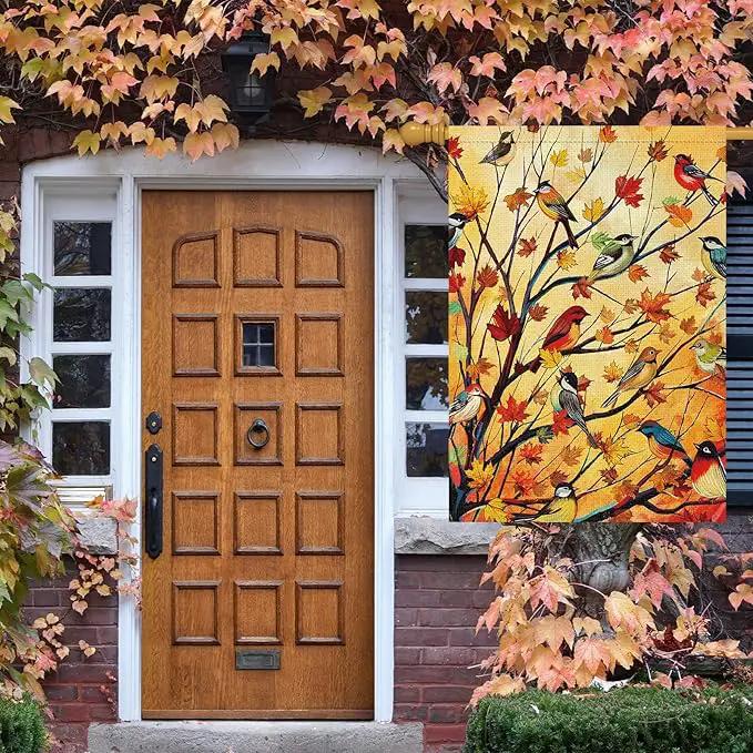 Louise Maelys Welcome Fall Garden House Flag 28x40 Inch Double Sided, Autumn Maple Tree Birds Large Burlap Garden Flag Fall Thanksgiving Outside Outdoor House Yard Decor (Only Flag) by GreenHaven Gardens