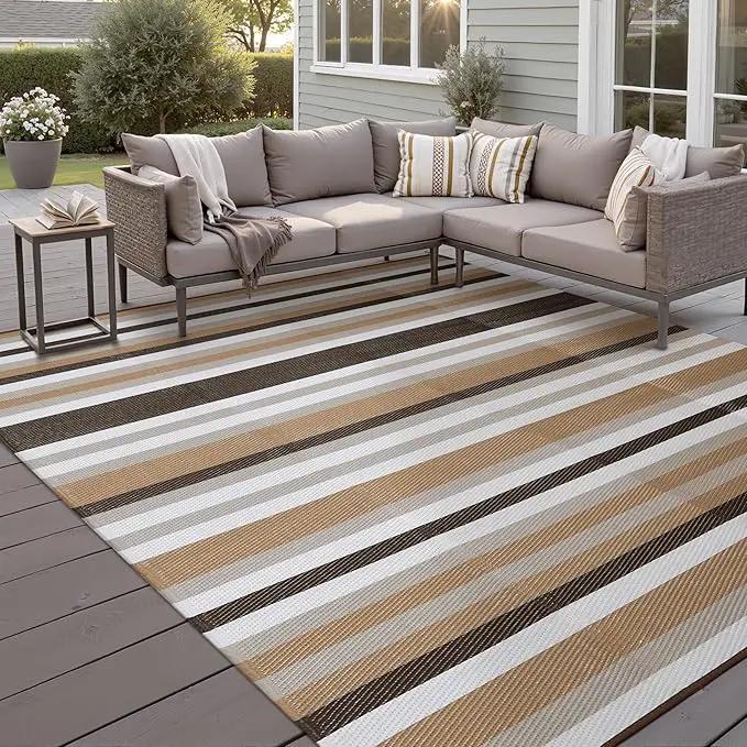 Outdoor Waterproof Rug 8'x10' Plastic Straw Rugs Washable Reversible Floor Mat Brown Stripe Carpet for Camping RV Deck Entryance Porch Picnic Balcony Beach Backyard by GreenHaven Gardens