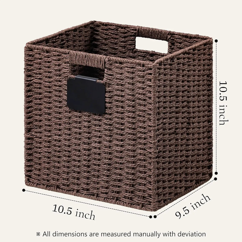 UBBCARE 4 Pack Wicker Basket, 10.5×10.5 Storage Cubes with Label, Foldable Cube Storage Bin with Handle, Square Storage Basket for Shelves, Woven Paper Rope Basket for Organizing, Brown by GreenHaven Gardens