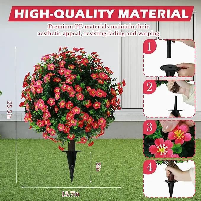 Sunnyglade Set of 2 Artificial Boxwood Topiary Ball Trees with Red Flower, Faux Shrub Bushes with Ground Spike 25.5", UV Resistant Fake Boxwood Plants for Indoor, Garden, Porch, Patio Decor (Red) by GreenHaven Gardens