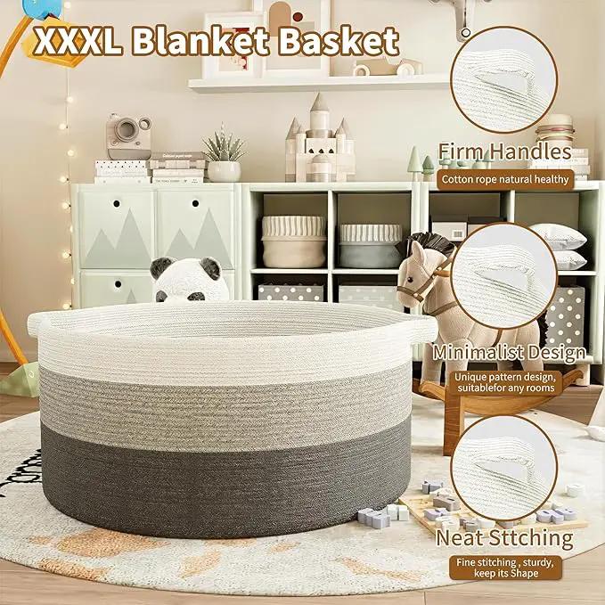 125L Extra Large Blanket Basket, 25" x 16", Jumbo Laundry Woven Baskets Decorative Home, Cotton Rope Basket with Handles, Baby Toy Baskets for Storage, Gradual Gray by GreenHaven Gardens