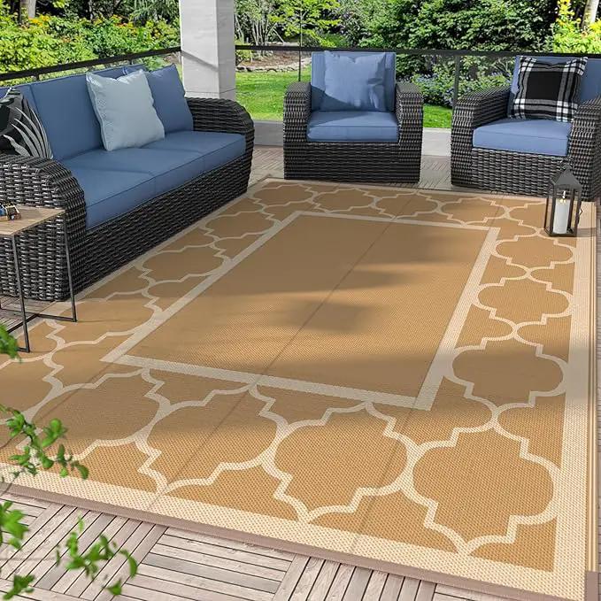 GENIMO 6' x 9' Outdoor Rug Waterproof for Patio Decor, Foldable Reversible Plastic Straw Area Rugs Mat for Camper, Outside Carpet for Rv, Deck, Porch, Picnic, Beach, Balcony, Brown & Beige by GreenHaven Gardens