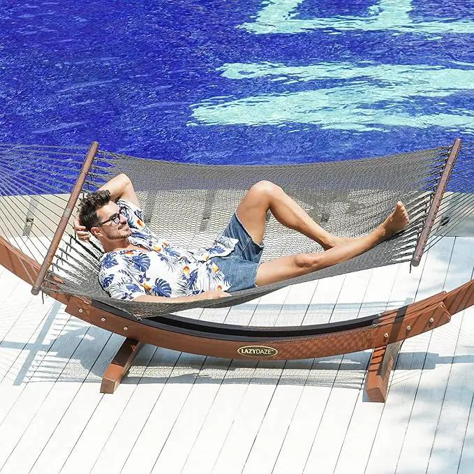 Lazy Daze Hammocks 10.5 FT Double 2 Person Caribbean Rope Hammock, Hand Woven Polyester Hammock with Spreader Bars, for Outside Outdoor Backyard Patio Poolside,450 LBS Capacity, Gray by GreenHaven Gardens