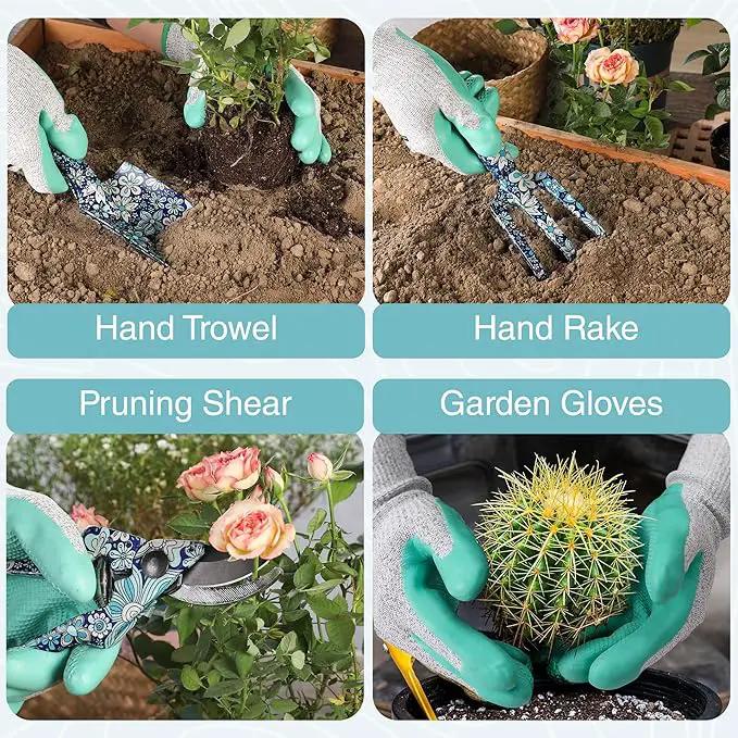 WORKPRO Aluminum Garden Tool Set, 4PCS Heavy Duty Hand Garden Tools with Box Include Trowel, Rake, Pruner, Garden Gloves, Blue Floral, Garden Gifts by GreenHaven Gardens