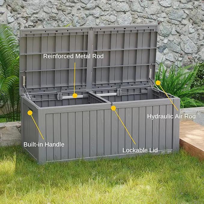 EAST OAK Outdoor Storage Box, 150 Gallon Deck Box, Large Resin Storage Bin for Patio Cushions, Gardening Tools, Lockable, Waterproof and UV Resistant, Grey by GreenHaven Gardens
