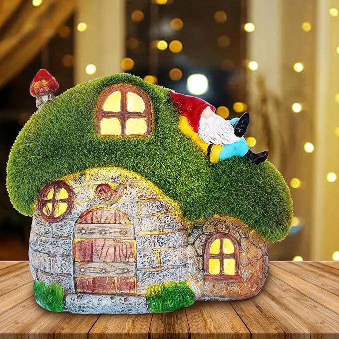 ILLUMINEW House Garden Statues with Solar Lights, LED Cute Flocked Fairy House with Gnomes Garden Figurine, Outdoor Patio Yard Lawn Decorations Gift by GreenHaven Gardens