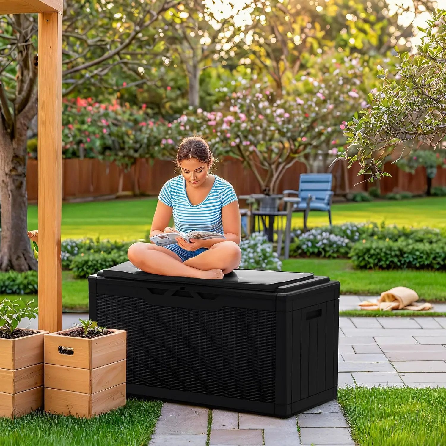 Greesum 100 Gallon Resin Deck Box Large Outdoor Storage Boxes with Cushions for Garden Tools, Patio Furniture Pillows, Pool Supplies, Black by GreenHaven Gardens