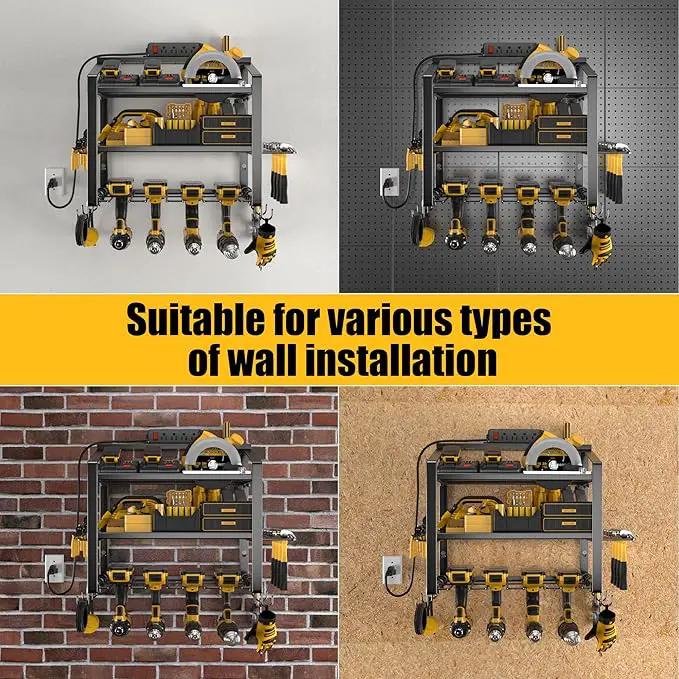 Power Tool Organizer With Charging Station, Heavy Duty Steel 4 Slots, Tool Battery Holder with 4 Outlet Power Strip, Easy To Install Garage Storage Rack for Workshop/Shed Gift For Men by GreenHaven Gardens