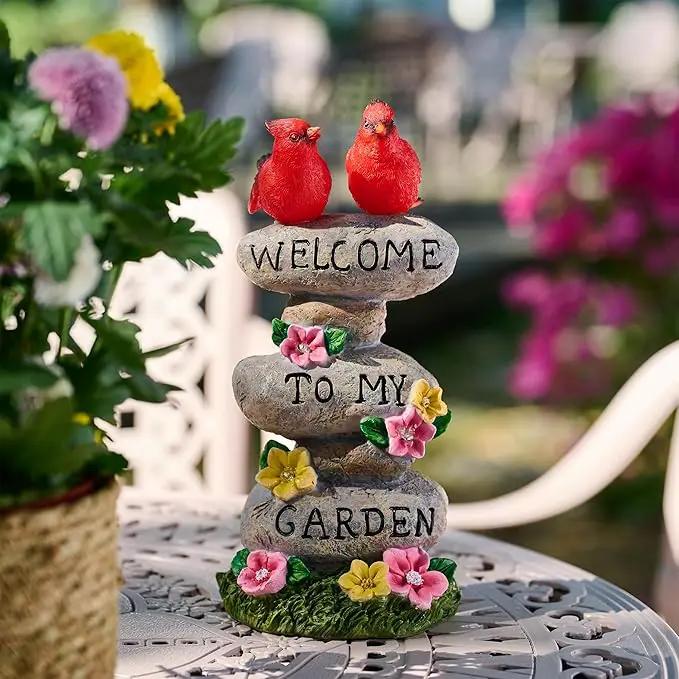 TERESA'S COLLECTIONS Garden Statues with Outdoor Solar Lights for Garden Decor, Cardinal Birds Welcome Yard Sign Rocks & Flower Resin Valentines Decorations, Gifts for Mom Yard Decor, 11" by GreenHaven Gardens