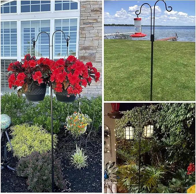XDW-GIFTS Double Shepherds Hooks for Outdoor, 2-Pack Heavy Duty Garden Pole for Hanging Bird Feeder, Plant Baskets, Solar Light Lanterns, Garden Plant Hanger Stands with 5 Base Prongs by GreenHaven Gardens