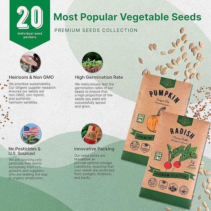 20 Vegetable Seeds Variety Pack - 12,460+ Non-GMO Heirloom Seeds for Planting Vegetables and Fruits in Individual Seed Packets, Home Garden Seeds for Hydroponic, Indoor and Outdoors Gardening by GreenHaven Gardens