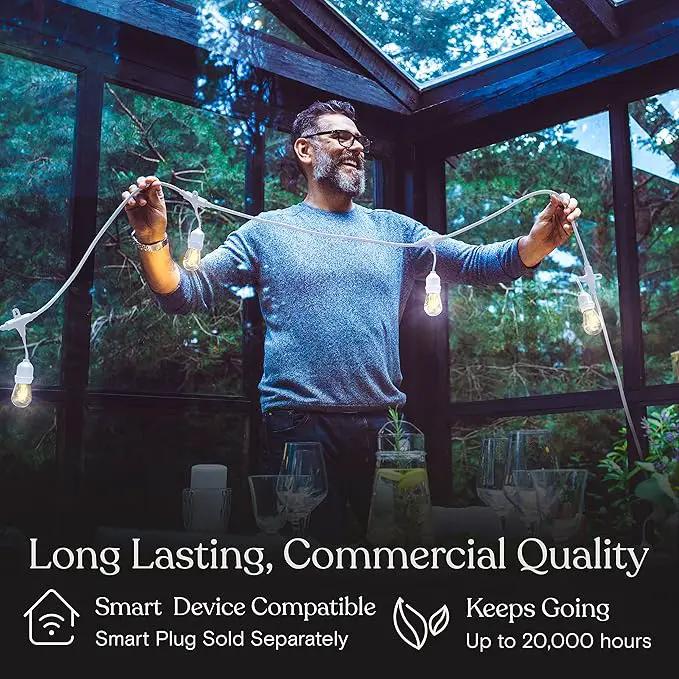 Brightech Ambience Pro Waterproof LED Outdoor String Lights, 48 Ft, Hanging, Dimmable Vintage Edison Bulbs, 15 Bulbs, 2W by GreenHaven Gardens