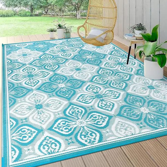 Pauwer Waterproof Outdoor Rug 8x10, Reversible Plastic Straw Patio Camping Rug, Indoor Outdoor RV Mat Carpet for Deck, Camper, Porch, Balcony, Backyard, Picnic, Clover Teal by GreenHaven Gardens