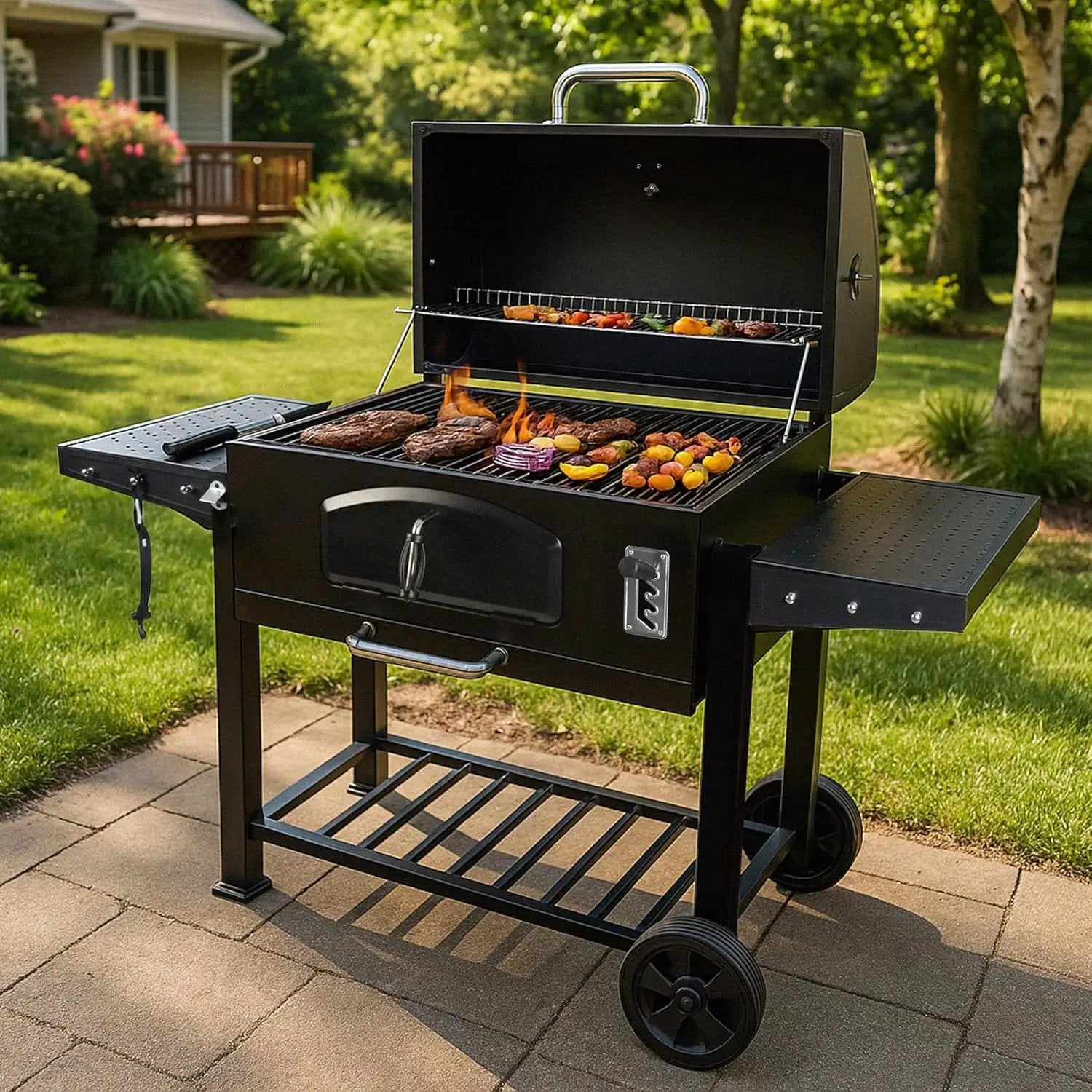 Grill Boss Charcoal Grill with Large 32-Inch Cooking Area - Includes Warming Rack, Side Shelves, Bottom Storage and Wheels for Outdoor BBQ, Tailgating, Camping & Backyard Grilling by GreenHaven Gardens