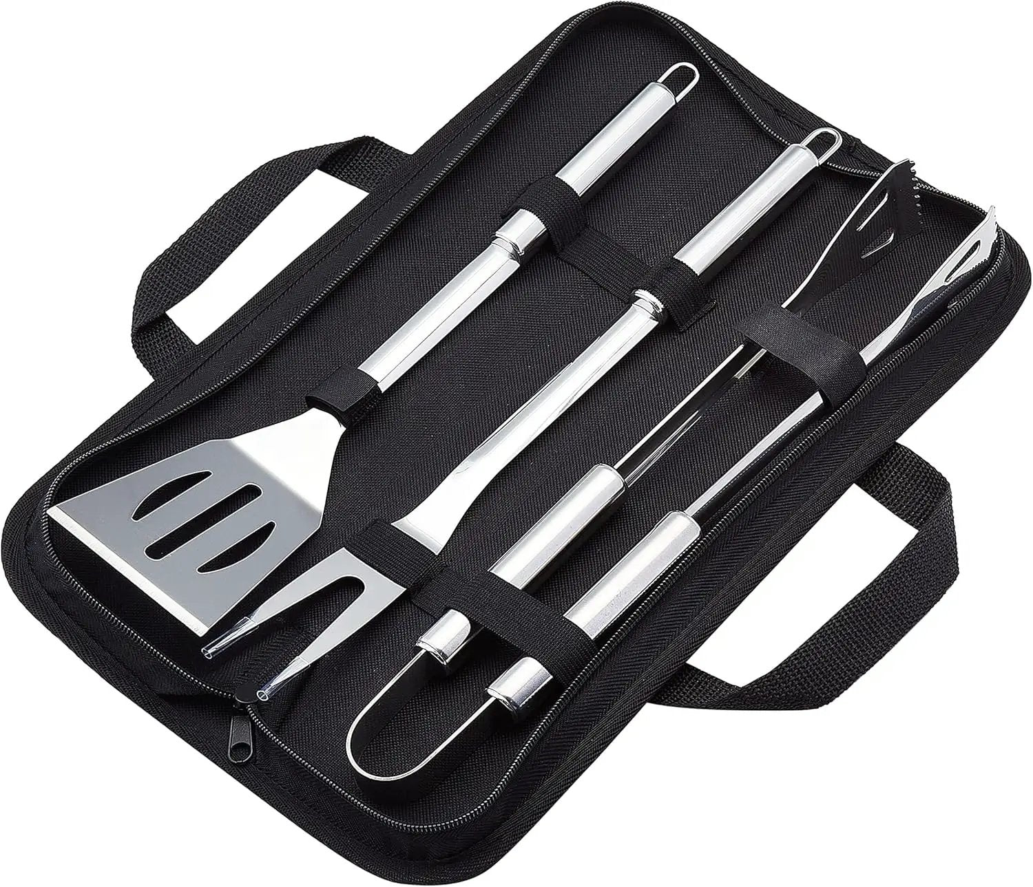 Amazon Basics 4-Piece Stainless Steel Barbeque Grilling Tool Set with Carry Bag by GreenHaven Gardens