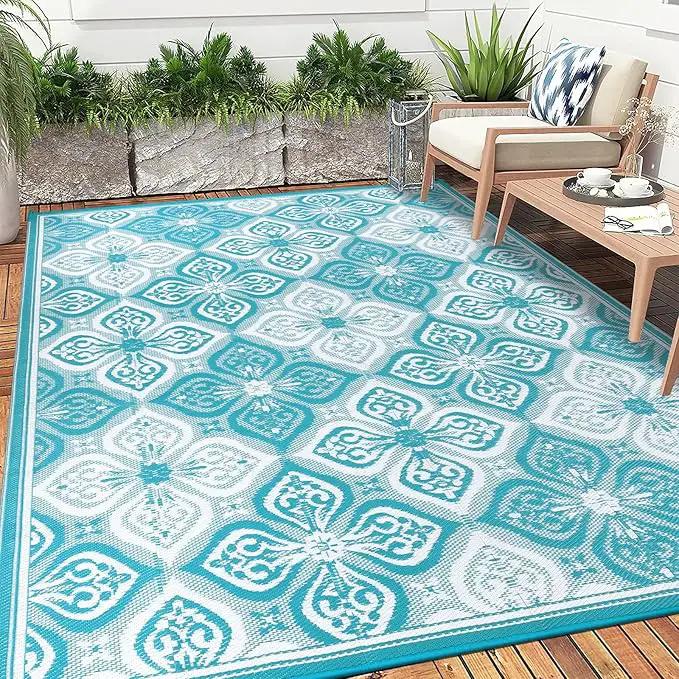 Pauwer Waterproof Outdoor Rug 9x12, Reversible Plastic Straw Patio Camping Rug, Indoor Outdoor RV Mat Carpet for Deck, Camper, Porch, Balcony, Backyard, Picnic, Clover Teal by GreenHaven Gardens