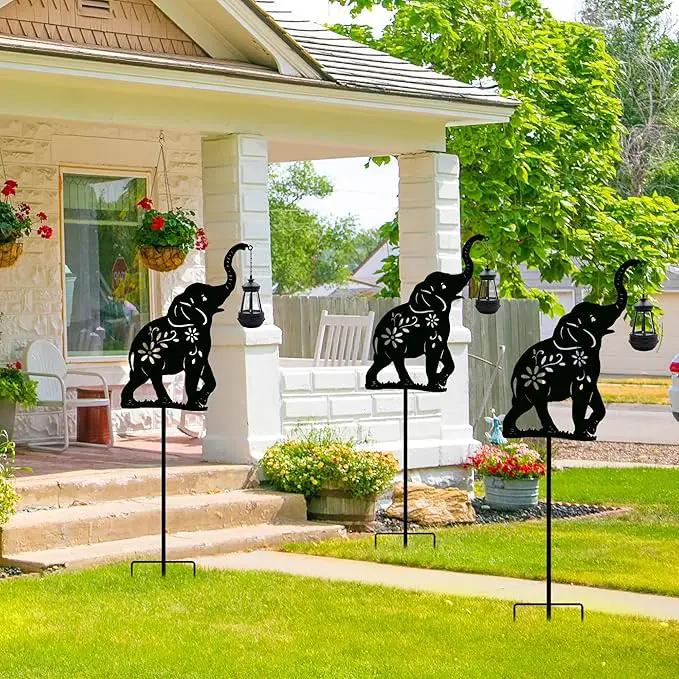 Solar Elephant Garden Stakes Outdoor Solar Decor Metal Elephant Holding Solar Animal Lantern Decorative Garden Metal Animal Stakes Outdoor Elephant Silhouette Stakes by GreenHaven Gardens
