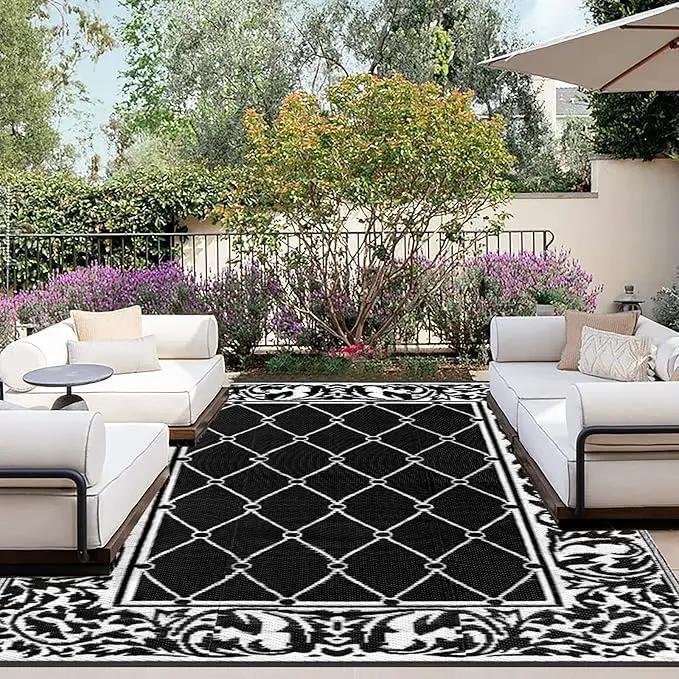 OutdoorLines Indoor Outdoor Rugs for Patio 6x9 ft - Reversible Outside Carpet, Stain & UV Resistant Portable RV Mats, Plastic Straw Rug for Camping, Pool Deck, Porch Rhombus Black & White by GreenHaven Gardens