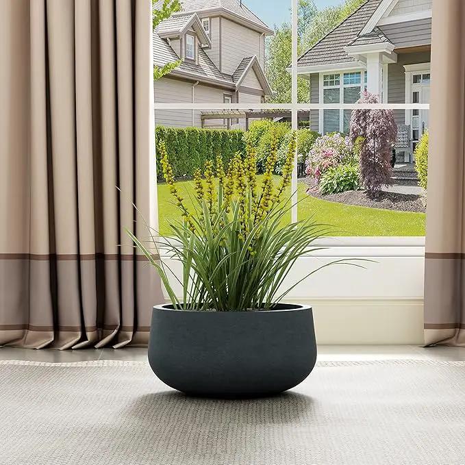 Kante 19.6" Dia Round Concrete Planter, Cement Plant Pots with Drainage Hole and Rubber Plug for Outdoor Indoor Garden Home, Modern Curvaceous Design, Dark Gray by GreenHaven Gardens