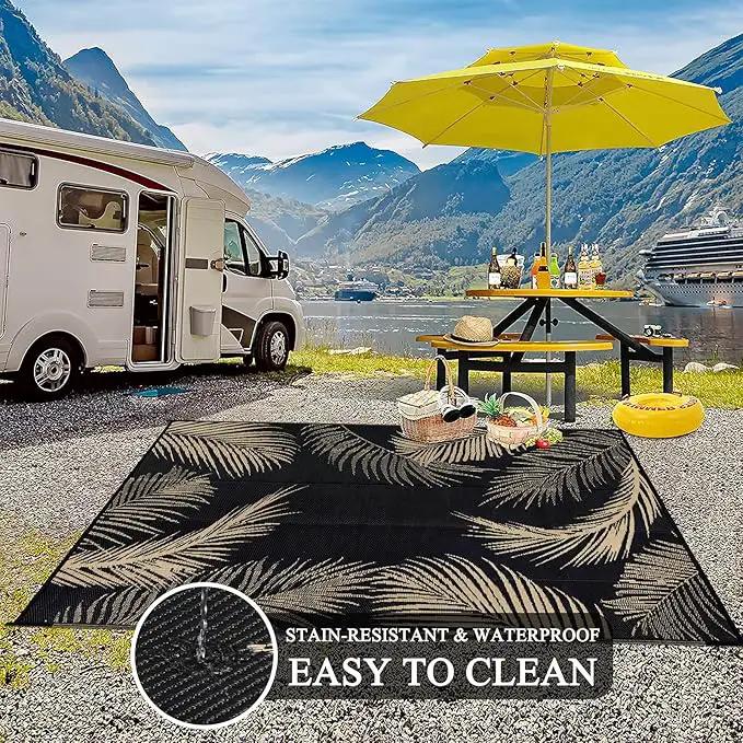 Pauwer Waterproof Outdoor Rug 6x9, Reversible Plastic Straw Patio Camping Rug, Indoor Outdoor RV Mat Carpet for Deck, Camper, Porch, Balcony, Backyard, Picnic, Leaf Black Brown by GreenHaven Gardens