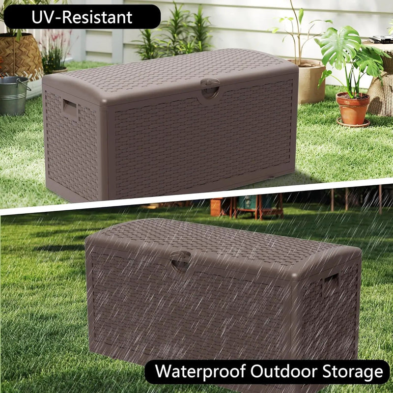 Upgrade 80 Gallon Waterproof Large Resin Deck Box Indoor/Outdoor Lockable Storage Container and Seating for Garden, Pool, and Patio (80 Pro Gallon, Brown) by GreenHaven Gardens