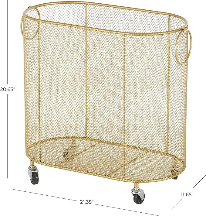 Deco 79 Metal Storage Cart Oval Mesh Wire Rolling Laundry with Ring Handles, 21" x 12" x 21", Gold by GreenHaven Gardens
