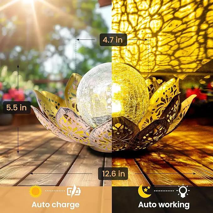 GIGALUMI Solar Lights Outdoor Garden Decor, Adjustable Metal Petal Lotus Flower Lights Crackle Globe Glass Lantern Outdoor Table Decor Waterproof for Patio, Lawn, Pathway, Pond, Christmas Gift by GreenHaven Gardens