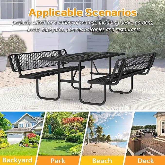 79'' Steel Rectangular Picnic Table for Outdoors, with backrest, Expanded, Lifetime Picnic Table with Umbrella Hole, Heavy Duty Sturdy Commercial Picnic Tables for Garden Courtyard BBQ, Black by GreenHaven Gardens